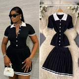 College Style POLO Collar Short-Sleeved Top + High-Waisted 100-Folded Skirt Knitted Two-Piece Suit Woman HZ0107