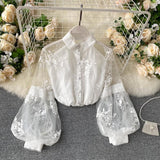 French Retro Mesh Lace Blouse Women's Collar Three-Dimensional Embroidered Bubble Sleeve Court Style Slim Shirt Woman