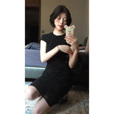 Black Niche High-End Set Women's 2025 Summer Body-Repair Short-Sleeved Blouse Mesh Lattice Half-Dressed