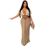 Shang Knitted Suit Woman Sexy V-Necked Leaf Sleeve Top + Striped Ass Skirt Two HZ0107