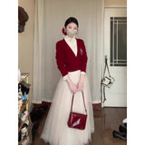 Real Atmosphere Feel Red Fake Two Embroidered Wooden Ear Sweater Women Autumn And Winter Oceanic Knitting Set