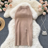 Simple Solid Color Skirt Winter With Sweater High Waist Thin Temperament Open Elastic Knitted Hip Long Skirt