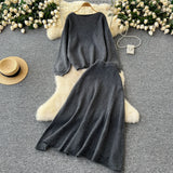 Gentle Windy Woman Languid Languid Breeze With Long-Sleeved Knitted Shirt + High Waist Swing Sweater Half-Dress Skirt