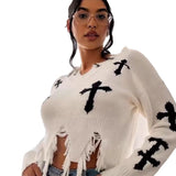 Cross Hole Tuxed Sweater Dark Long Sleeve Loose Knitted Shirt HZ0107