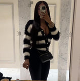 Women's Clothing Winter Explosion Fashion Black And White Stripe Single-Dcupuncture Cardigan Knitted Shirt HZ0107