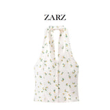 ZARZ Homemade New Women's Classic Bridegage Bow Ornament Print Hanging Neck Top HZ0107