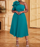 AM030536 Fashion Three-Dimensional Flower Dress Sexy Shoulder Slanted Hundredfolded Dresses HZ0107