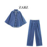 ZARZ Homemade New Women's Wide Sleeved Denim Shirt High Waisted Rolled Legged Jeans HZ0107
