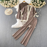 Fashion Ocean Gas Three-Piece Loose Wind Letter Embroidered Cardigan Jacket Bottom High Collar Knitting Tops Broad Legs