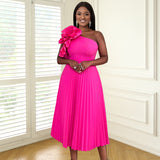 AM030536 Fashion Three-Dimensional Flower Dress Sexy Shoulder Slanted Hundredfolded Dresses HZ0107