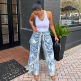 Women's Denim Cloth Jumpsuit Women's Fashion Babes Breasts Multi-Pocket Work Pants HZ0107
