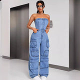 Women's Denim Cloth Jumpsuit Women's Fashion Babes Breasts Multi-Pocket Work Pants HZ0107