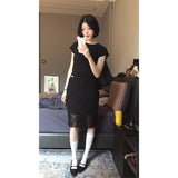 Black Niche High-End Set Women's 2025 Summer Body-Repair Short-Sleeved Blouse Mesh Lattice Half-Dressed