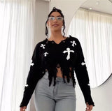 Cross Hole Tuxed Sweater Dark Long Sleeve Loose Knitted Shirt HZ0107