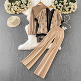 Fashion Ocean Gas Three-Piece Loose Wind Letter Embroidered Cardigan Jacket Bottom High Collar Knitting Tops Broad Legs