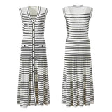 Exploding Knitted Dress Hollow Stripe V-Neck Sleeveless Temperament Elegant Summer Skirt HZ0107