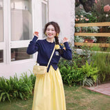 College Style Blue Embroidered Long-Sleeved Knitted Cardigan Women Early Spring Wool Sweater Short Thin Inside Cloth