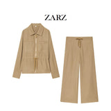 ZARZ Homemade New Women's Clothing Adjustable Waist Pocket Coat Wide Leg Trousers HZ0107