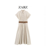 ZARZ Homemade New Women's Dress With Belt Linen-Blend Mixed Muffled Dress 8372105 HZ0107