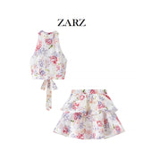 ZARZ Homemade New Women's Clothing Hang Neck Sleeveless Short Top Short Floral Skirt Two-Piece HZ0107