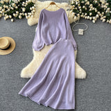 Gentle Windy Woman Languid Languid Breeze With Long-Sleeved Knitted Shirt + High Waist Swing Sweater Half-Dress Skirt