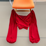 Spring Fashion V-Neck Folded Collared Collared Collared Long-Sleeved Sleeve Cover Female Chic Short-Term Navel Blouse