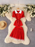 College Style POLO Collar Short-Sleeved Top + High-Waisted 100-Folded Skirt Knitted Two-Piece Suit Woman HZ0107