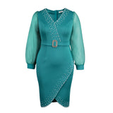 Women's Fashion V-Neck Bubble Sleeve Perspective Dress High Waist Nails Mid-Dresses HZ0107