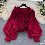 Spring Fashion V-Neck Folded Collared Collared Collared Long-Sleeved Sleeve Cover Female Chic Short-Term Navel Blouse