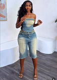 Women's Jeans Set Women's Fashion Blouse Wrapped Corset High-Waisted Denim Shorts HZ0107