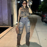 Women's Fashion Jeans Women's Fashion Trend Retro Tuxedo Hanging Diamond Multi-Pocket Workwear Pants HZ0107