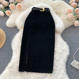 Hong Kong Style Retro Open Skirt Winter With Sweater Medium Long Korean Temperament High-Waist Thin As Hips A Skirt