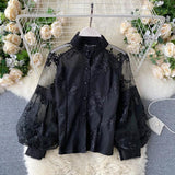 French Retro Mesh Lace Blouse Women's Collar Three-Dimensional Embroidered Bubble Sleeve Court Style Slim Shirt Woman