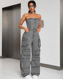 Women's Denim Cloth Jumpsuit Women's Fashion Babes Breasts Multi-Pocket Work Pants HZ0107