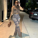 Women's Fashion Jeans Women's Fashion Trend Retro Tuxedo Hanging Diamond Multi-Pocket Workwear Pants HZ0107