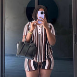 Fashion New Striped Collar Short Sleeve Loose Blouse High-Waist Three-Point Shorts Knitwear Two-Piece Set HZ0107