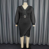 Women's Fashion V-Neck Bubble Sleeve Perspective Dress High Waist Nails Mid-Dresses HZ0107