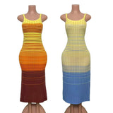 French Retro Gradient Striped Knitted Dress Sleeveless Sling Skirt Slime-Skinny Sweater Skirt HZ0107