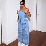 Women's Denim Cloth Jumpsuit Women's Fashion Babes Breasts Multi-Pocket Work Pants HZ0107