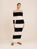 New Women's Fashion Elegant Shoulder-To-Shoulder Knitted Blouse Striped Shoulder-Long Dress