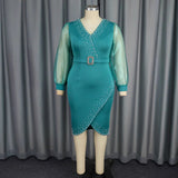 Women's Fashion V-Neck Bubble Sleeve Perspective Dress High Waist Nails Mid-Dresses HZ0107