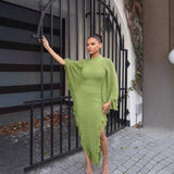 2025 Autumn And Winter Knitted Jas-Song Dress High-Necked Bat Sleeve Open Fork And Hip Dress Women's Clothing HZ0107