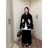 Korean High-Grade Black Knitted Cardigan Doll Collar Bottom Shirt Jersey Trousers Three-Piece Set