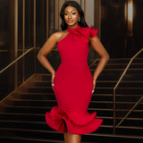 Elegant Half-High Collar Lotus Leaf-Side Dress Sided Shoulder Lotus Hem Banquet Evening Dress Dresses HZ0107