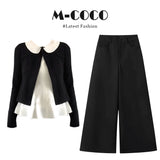 Korean High-Grade Black Knitted Cardigan Doll Collar Bottom Shirt Jersey Trousers Three-Piece Set