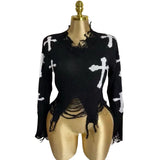 Cross Hole Tuxed Sweater Dark Long Sleeve Loose Knitted Shirt HZ0107