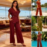 College Style POLO Collar Short-Sleeved Top + High-Waisted 100-Folded Skirt Knitted Two-Piece Suit Woman HZ0107