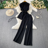 High-Grade Gray West Assembly V-Neck Double Buckle Vest Sleeveless Waist Blouse + High Waist-High-Scretch Broad-Legged Trousers Two