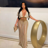 Shang Knitted Suit Woman Sexy V-Necked Leaf Sleeve Top + Striped Ass Skirt Two HZ0107