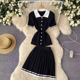 College Style POLO Collar Short-Sleeved Top + High-Waisted 100-Folded Skirt Knitted Two-Piece Suit Woman HZ0107